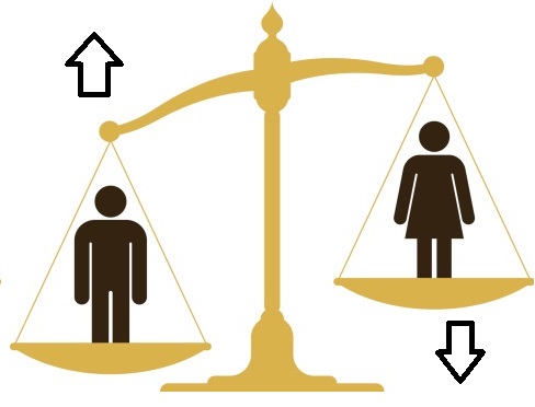 Drawing of a confident man on a scale next to a woman